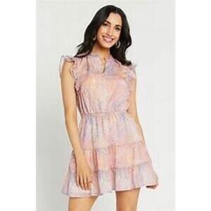BB Dakota Dreaming of Waves Pink Animal Print Tiered Flutter Mini Dress Size XS